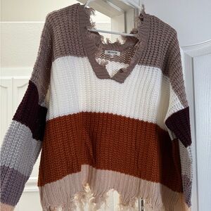 Miracle V-Neck Brown and White Sweater with Chunky Knit